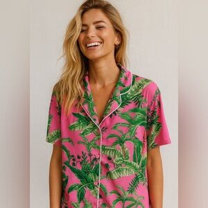 Room Service Tropical Floral Pink Button Top L Y2K Revival Euro Summer Vibes